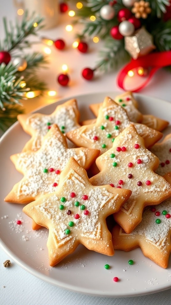 A plate of low sugar Christmas cookies shaped like stars and trees, dusted with powdered sugar and sprinkles, set against a festive background.